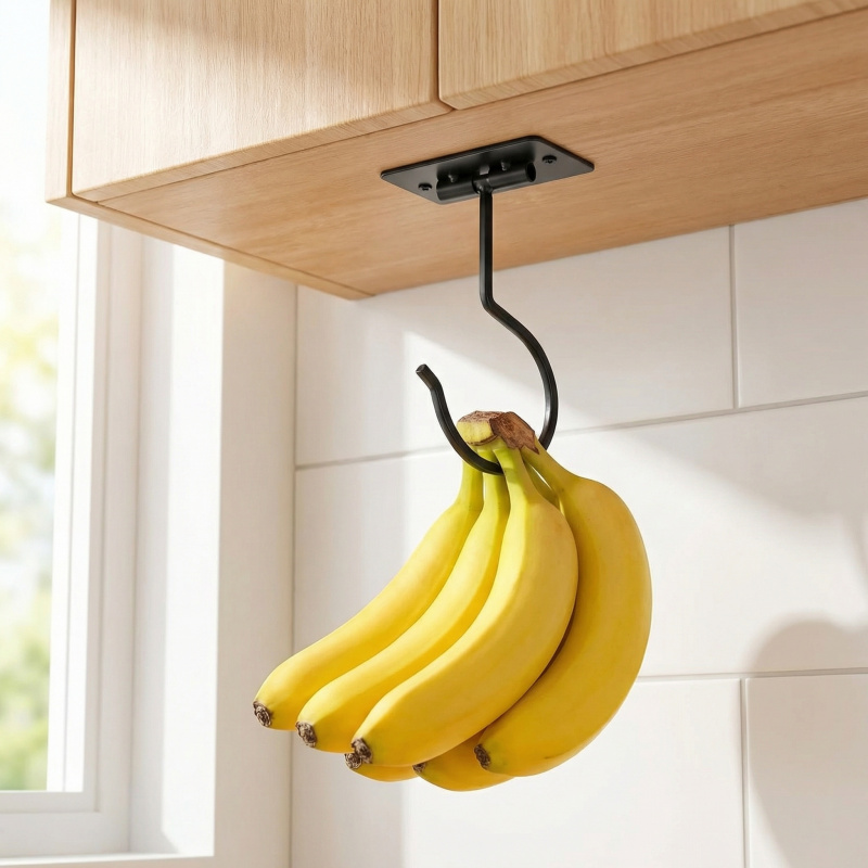 Food Storage And Organizer - Siyah Metal Kendinden Yapışkanlı Muz Askısı